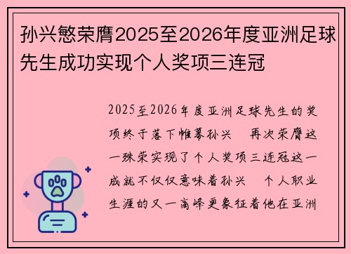 孙兴慜荣膺2025至2026年度亚洲足球先生成功实现个人奖项三连冠