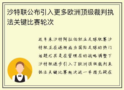 沙特联公布引入更多欧洲顶级裁判执法关键比赛轮次