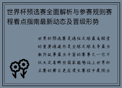 世界杯预选赛全面解析与参赛规则赛程看点指南最新动态及晋级形势